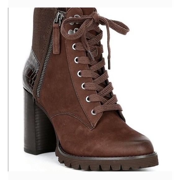 Gibson Latimer Felisa Dark Brown Cow Suede/Fabric/Leather Combat Heeled Boot 8 M - Picture 1 of 11